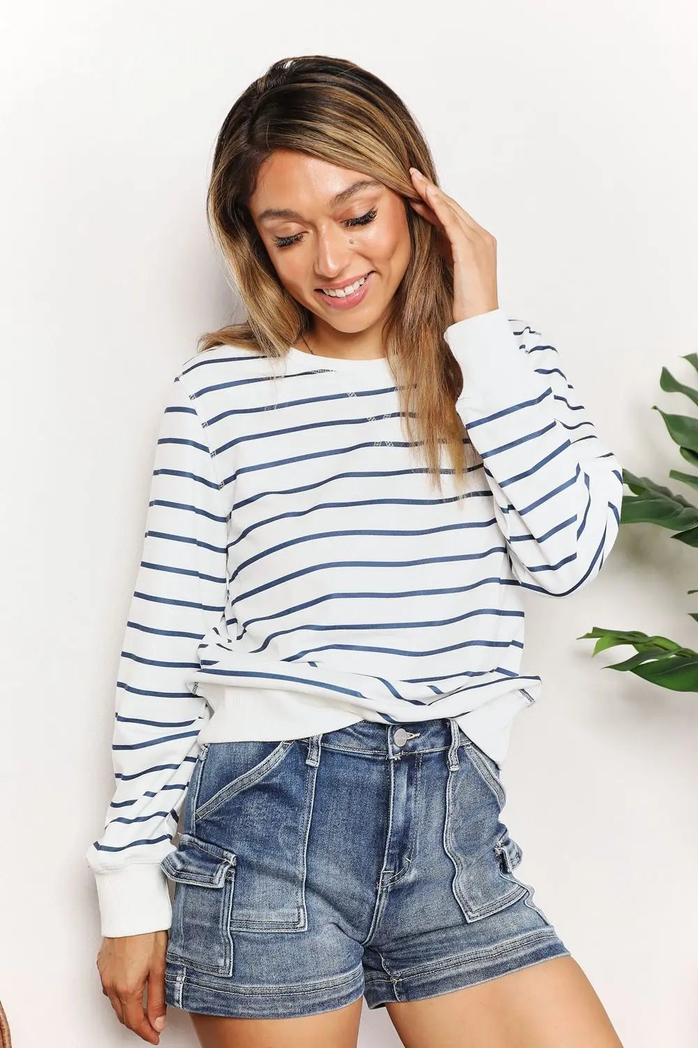 Double Take Striped Long Sleeve Round Neck Top - Love Salve